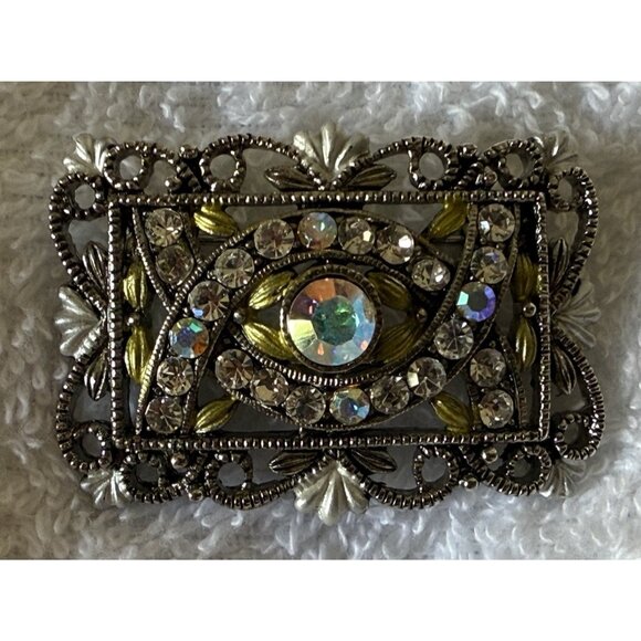 Vintage Noblesse Art Deco Aurora Borealis Silver Tone w/Rhinestones Brooch Pin - Picture 1 of 6